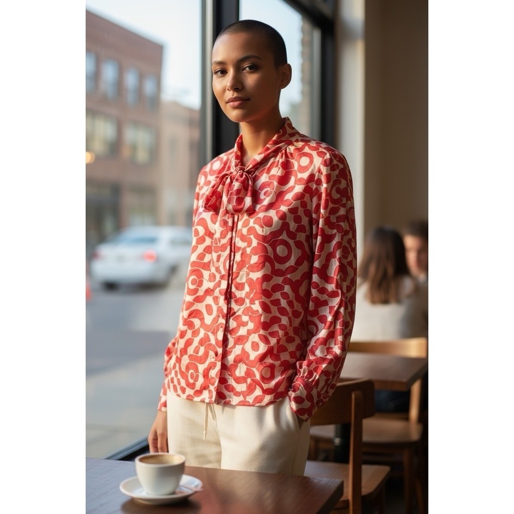 Pari Passu Red Pink Allover Print Button Up Blouse Long Sleeve Women's D5 OR XXL